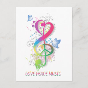 Love Peace Music Splatter swirls flowers birds Postcard