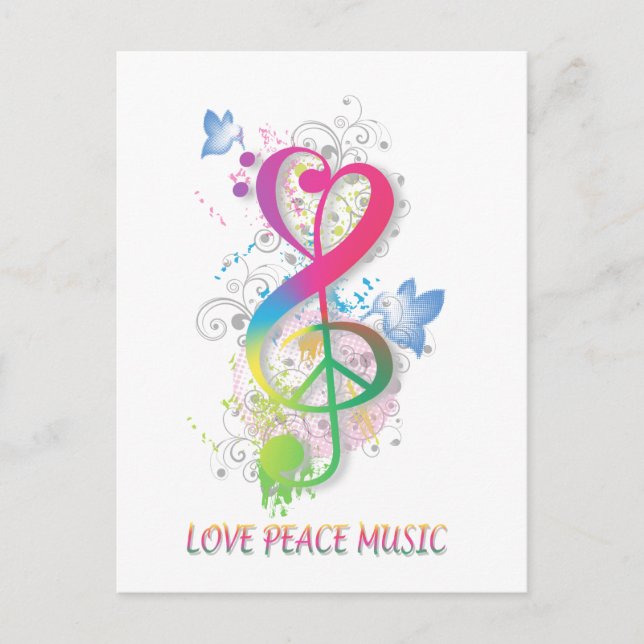 Love Peace Music Splatter swirls flowers birds Postcard (Front)