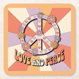 Love Peace Sign Flowers Square Paper Coaster