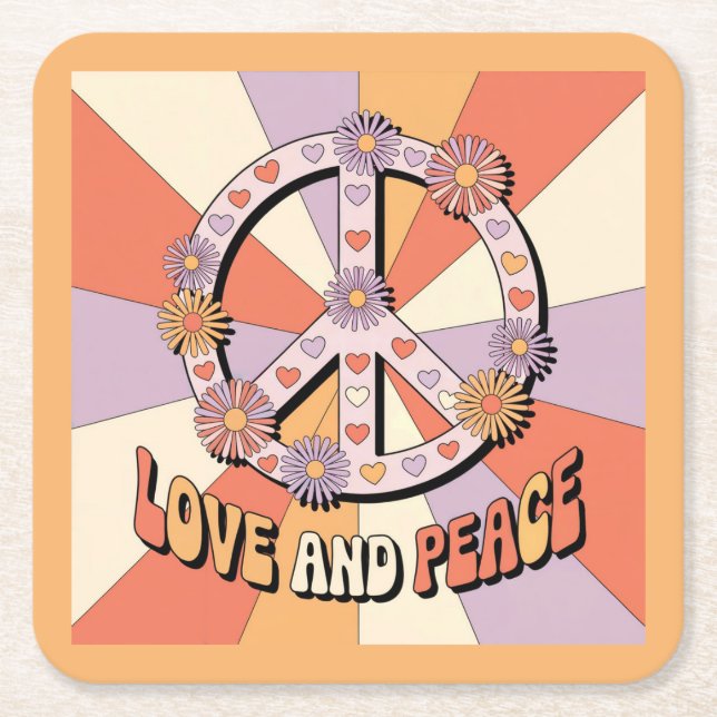  Love Peace Sign Flowers  Square Paper Coaster (Front)