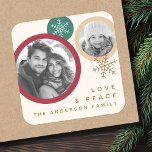 Love peace snowflakes red green photo holiday square sticker<br><div class="desc">Winter holiday stickers with your custom photos on red and green circles. Customisable text "Love and peace",  and your family name.</div>