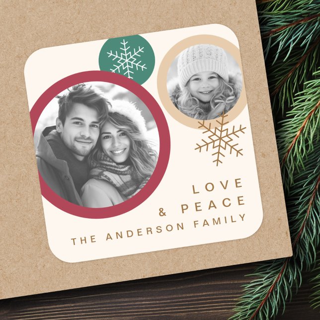 Love peace snowflakes red green photo holiday square sticker (Love peace snowflakes red green photo holiday square sticker)