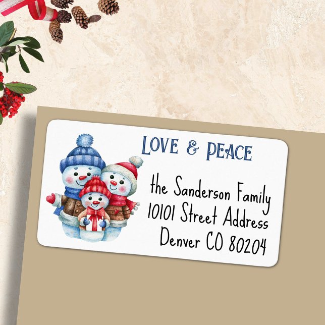 Love & Peace Snowman Family Return Name Address Label (Creator Uploaded)