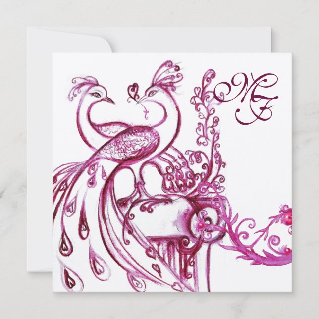 LOVE PEACOCKS MONOGRAM Pink White Wedding Invites (Front)