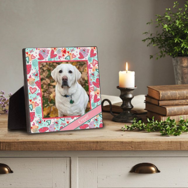 Love Pet Red Pink Heart Photo Customised Name Plaque (Creator Uploaded)