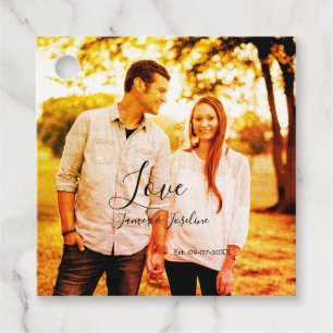 Love photo add name est. Date year wedding couple Favour Tags