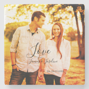 Love photo add name est. Date year wedding couple Stone Coaster