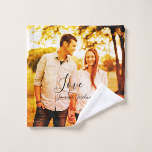 Love photo add name est. Date year wedding couple Wash Cloth