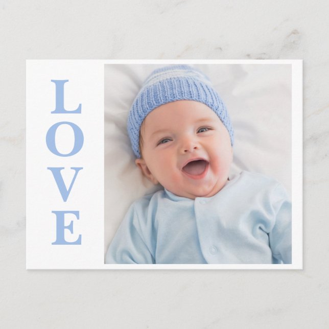 Love Photo Blue Typography Birth Announcement Postcard (Front)