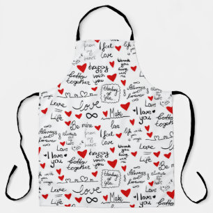 Love phrases, doodle hearts, valentines pattern. apron