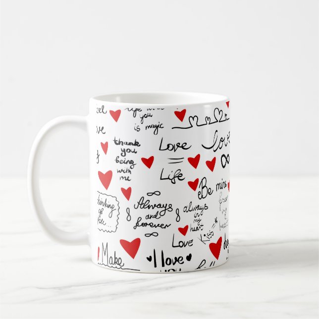 Love phrases, doodle hearts, valentines pattern. coffee mug (Left)