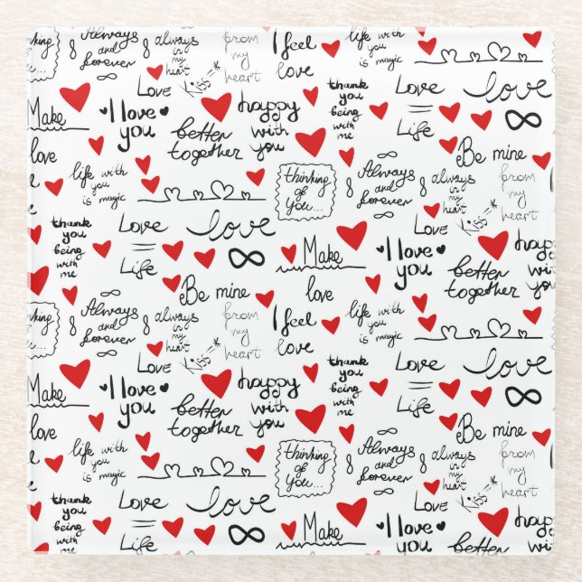 Love phrases, doodle hearts, valentines pattern. glass coaster (Front)