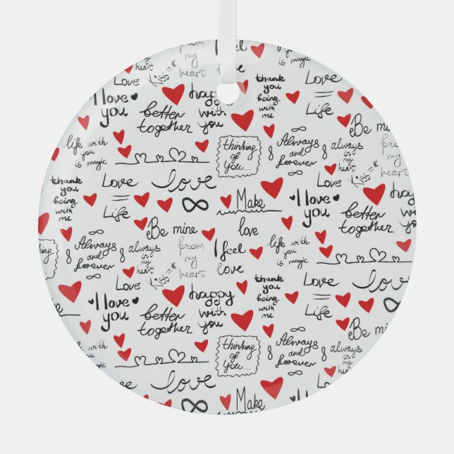 Love phrases, doodle hearts, valentines pattern. glass tree decoration (Front)