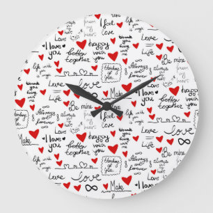 Love phrases, doodle hearts, valentines pattern. large clock
