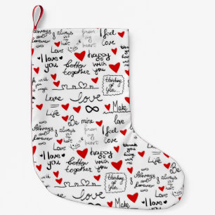 Love phrases, doodle hearts, valentines pattern. small christmas stocking