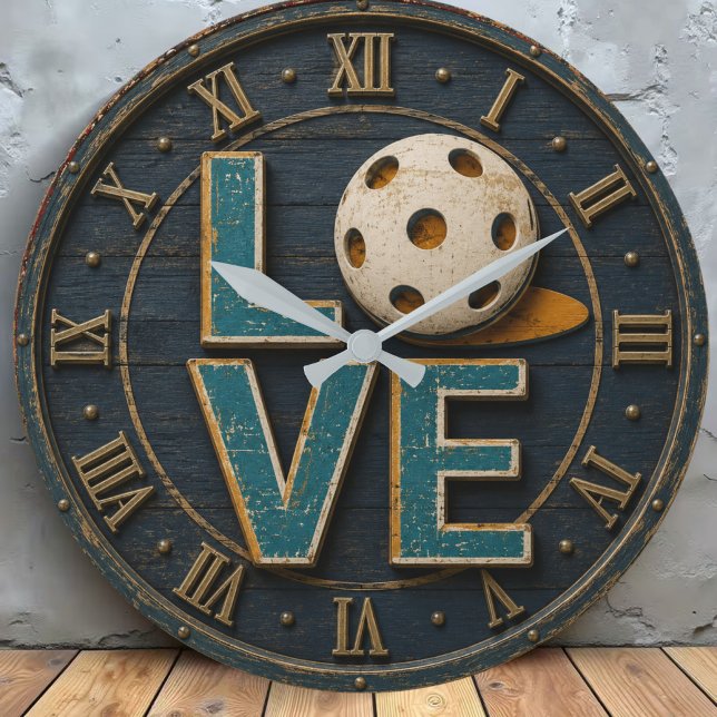 Love Pickleball Rustic Vintage Pickleball Lover  Large Clock (Creator Uploaded)