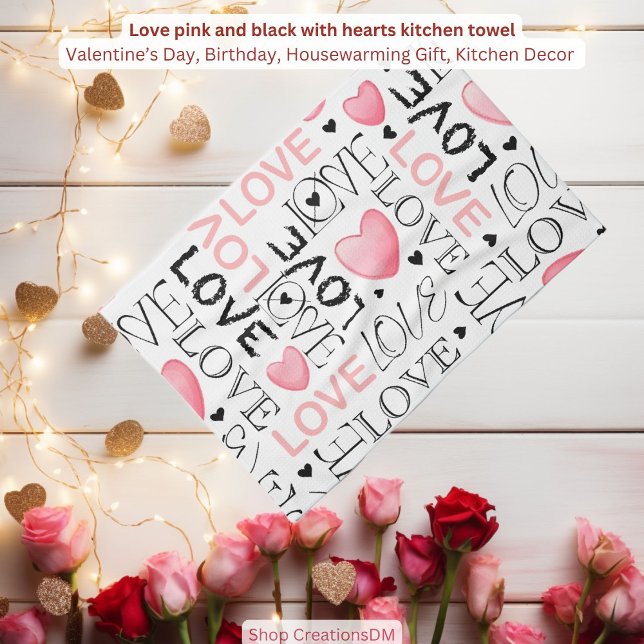 Love pink and black with hearts tea towel (Creator Uploaded)