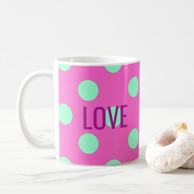 Love Pink And Mint Polka Dots Shower Party Coffee Mug (With Donut)