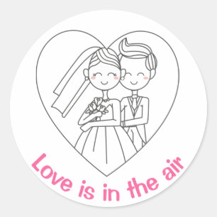Love Pink And White Cartoon Bride & Groom Wedding Classic Round Sticker