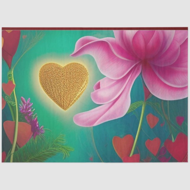 Love -Pink Flowers and Hearts  Tissue Paper (Front)