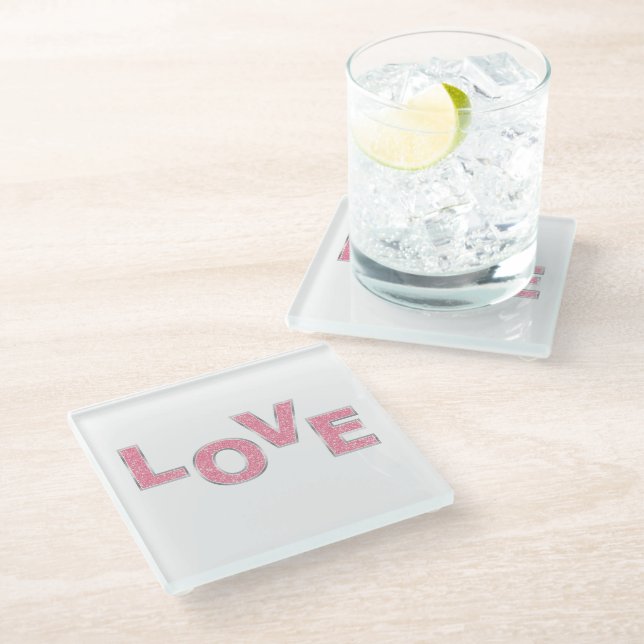 Love Pink Glitter Glass Coaster (Angled)
