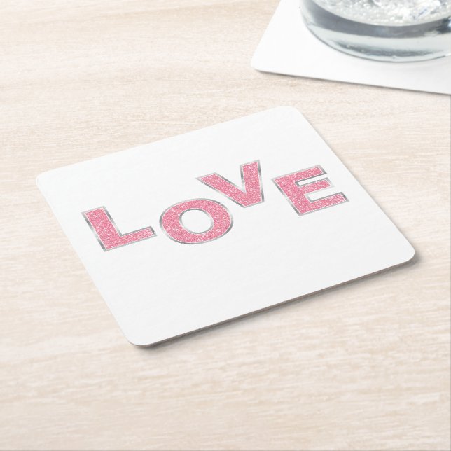 Love Pink Glitter Square Paper Coaster (Angled)