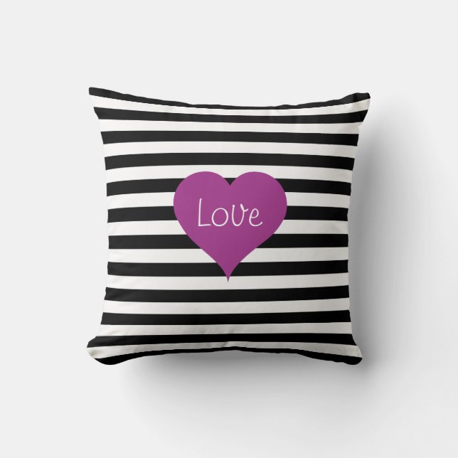 LOVE Pink Heart Black & White Stripes Pattern Cushion (Front)