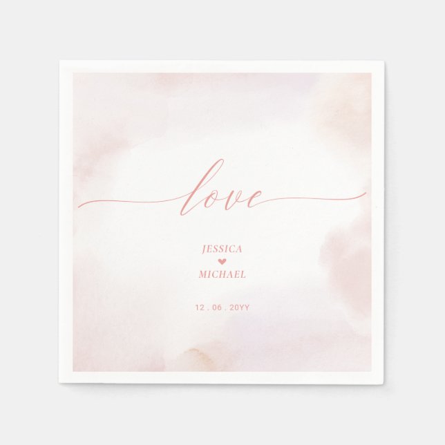 Love | Pink Heart & Watercolor Wedding Napkin (Front)