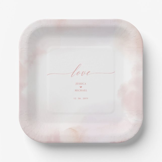 Love | Pink Heart & Watercolor Wedding Reception  Paper Plate (Front)
