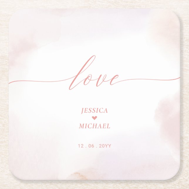 Love | Pink Heart & Watercolor Wedding Square Paper Coaster (Front)