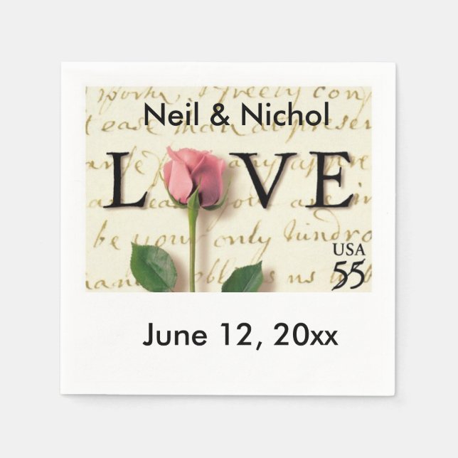 Love Pink Rose Scroll Stamp Paper Napkin (Front)