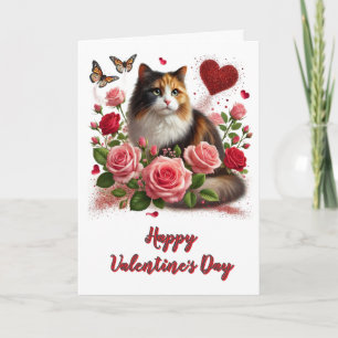 Love Pink Roses and Calico Cat  Valentine's Day  Card