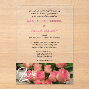 Love Pink Roses Bride and Groom Clear Acrylic Invitations