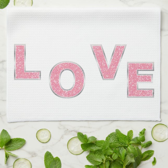 Love Pink Silver Glitter Tea Towel (Folded)