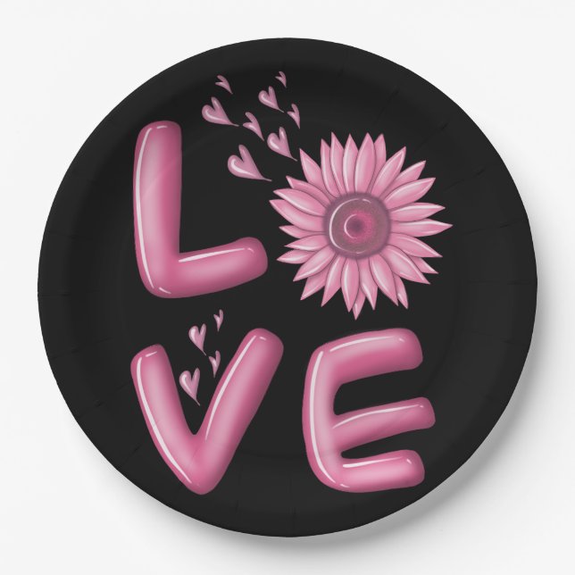 Love Pink Sunflower Round  Paper Plate (Front)