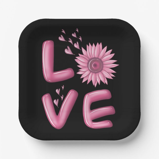 Love Pink Sunflower Square  Paper Plate (Front)