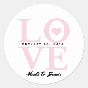 LOVE Pink & White Modern Chic Wedding Favour Classic Round Sticker