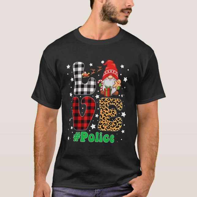 Love Police Gnome Christmas Leopard Plaid Xmas Paj T-Shirt (Front)
