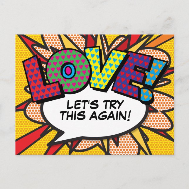 LOVE Postponed Change of Date Comic Book Pop Art Postcard (Front)