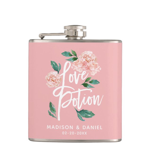 Love Potion Blush Pink Floral Personalised Hip Flask (Front)