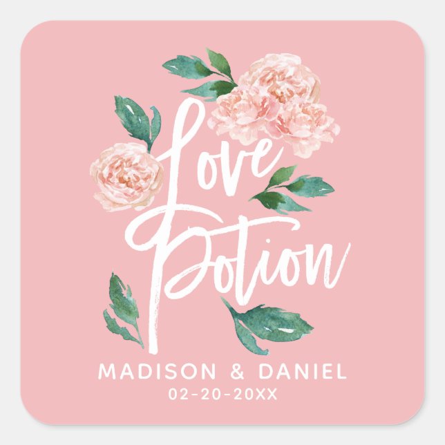 Love Potion Blush Pink Floral Personalised Square Sticker (Front)