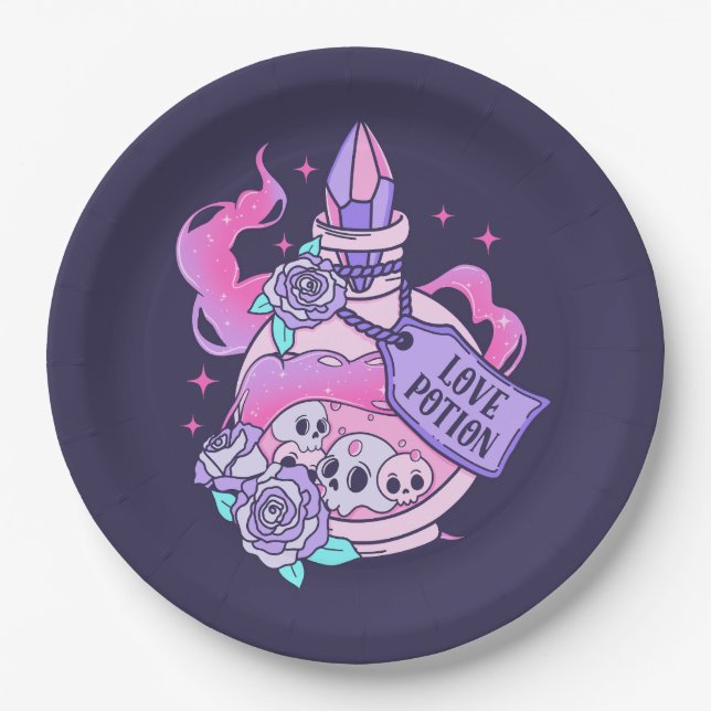 Love Potion Cute Pink Halloween Potion Bottle Paper Plate (Front)