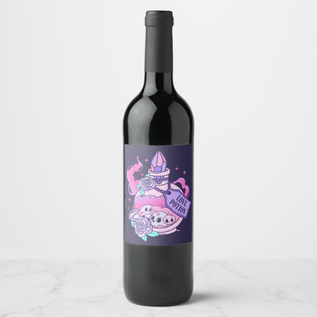 Love Potion Cute Pink Halloween Potion Bottle Wine Label (Front)