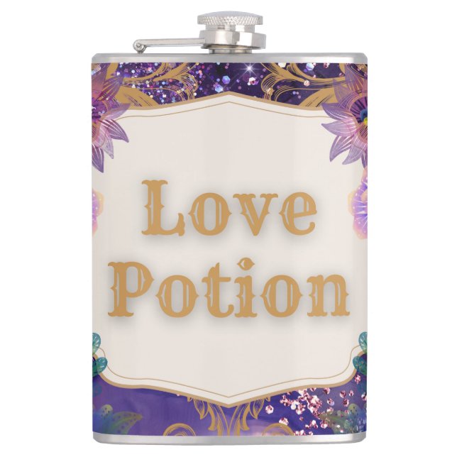 Love potion purple pattern art by Renee Lavoie Hip Flask (Front)