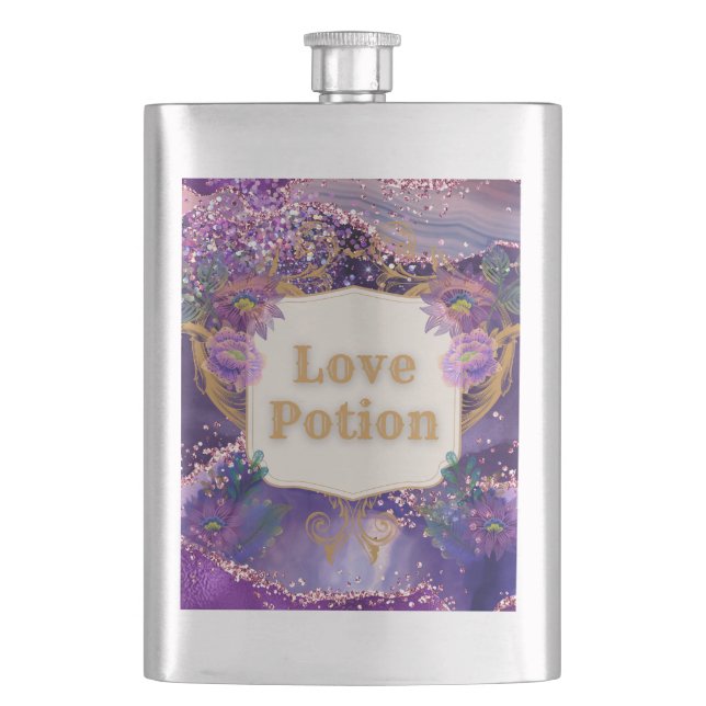 Love potion purple pattern art by Renee Lavoie Hip Flask (Front)