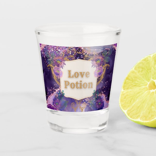 Love potion purple pattern art by Renee Lavoie Shot Glass (Front)
