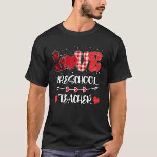 Love Preschool Teacher Heart Leopard Buffalo Plaid T-Shirt