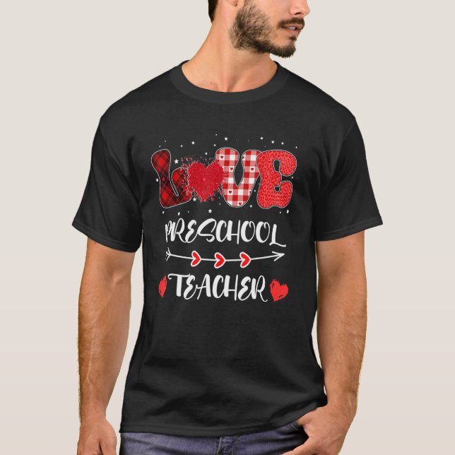 Love Preschool Teacher Heart Leopard Buffalo Plaid T-Shirt (Front)