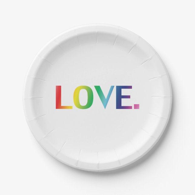 Love, pride lgbt lgbtq gay queer rainbow colours paper plate (Front)