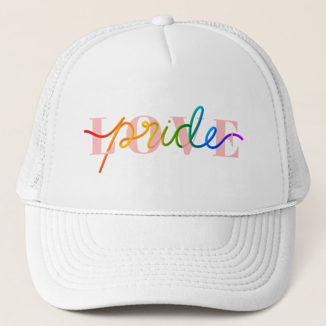 Love Pride Rainbow Colours on Pink Trucker Hat (Front)